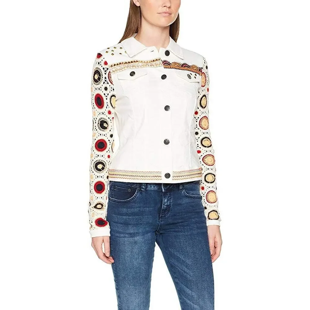 Desigual Women's Kenya Denim Crochet Sleeve Jacket White US Size 10 NWT